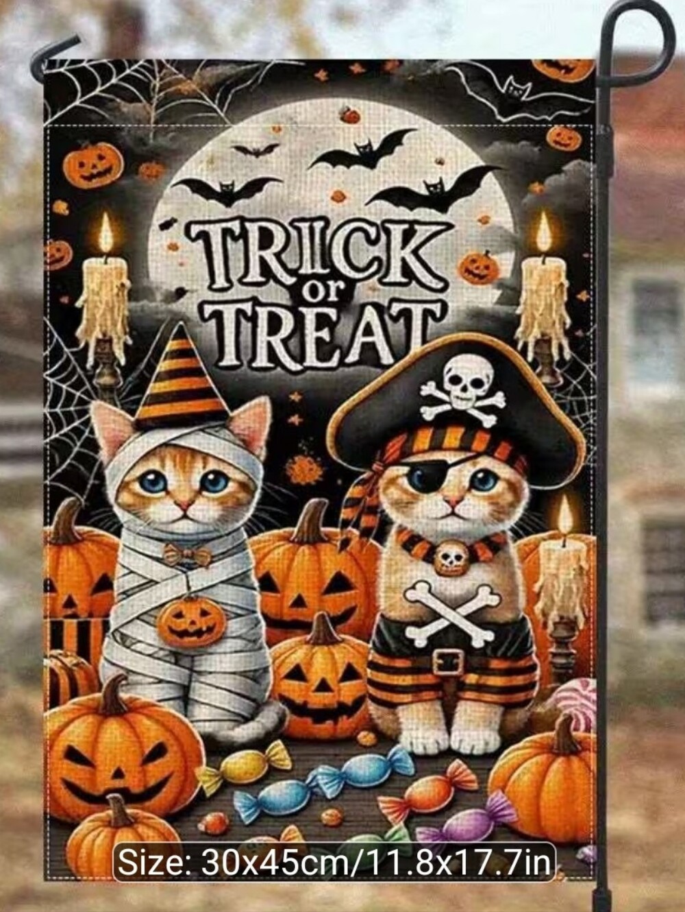 Halloween Trick or Treat Cat Garden Flag - Orange Black